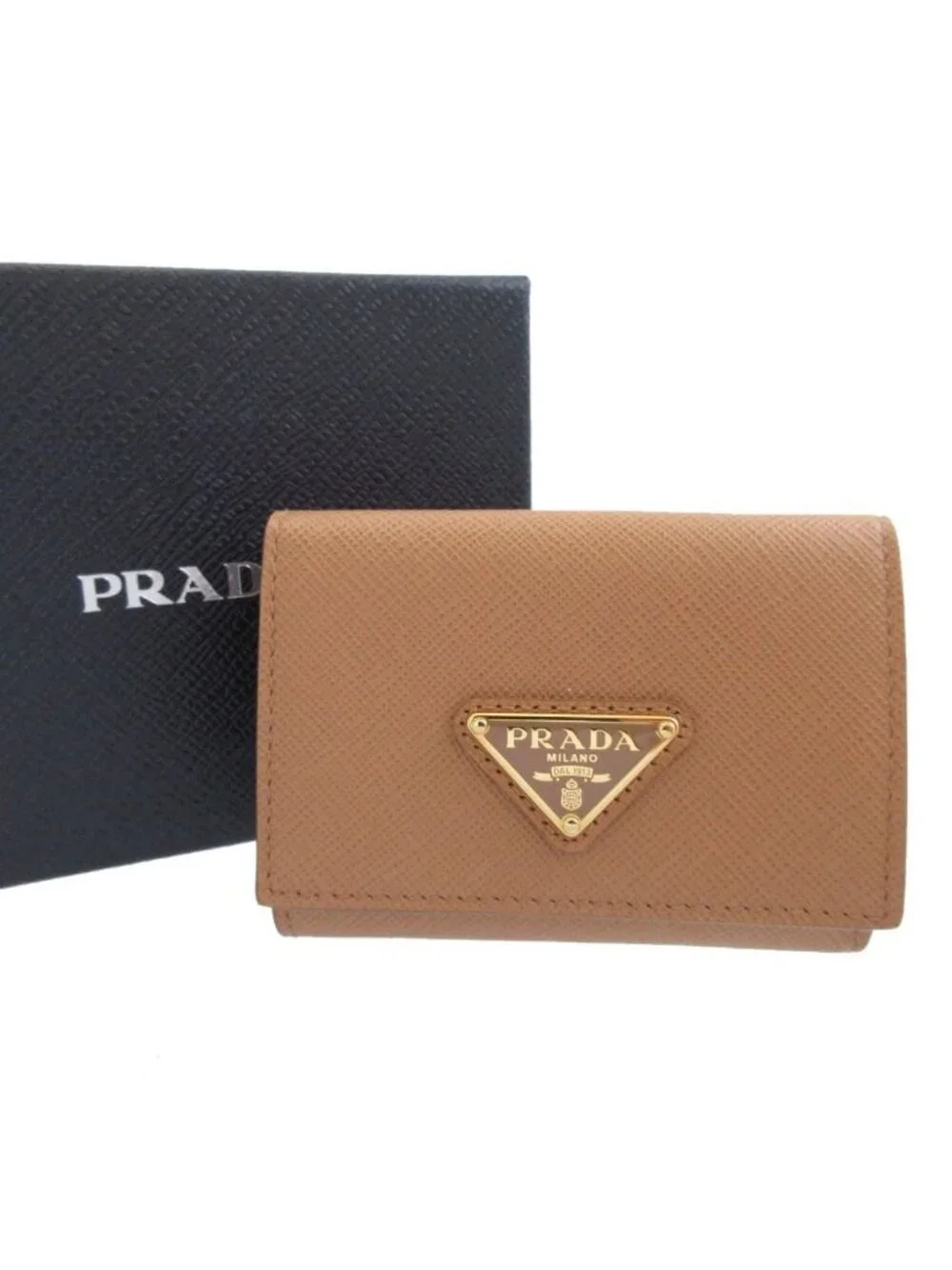 Prada Un Triangular Plate Saffiano Leather Beige Compact Wallet